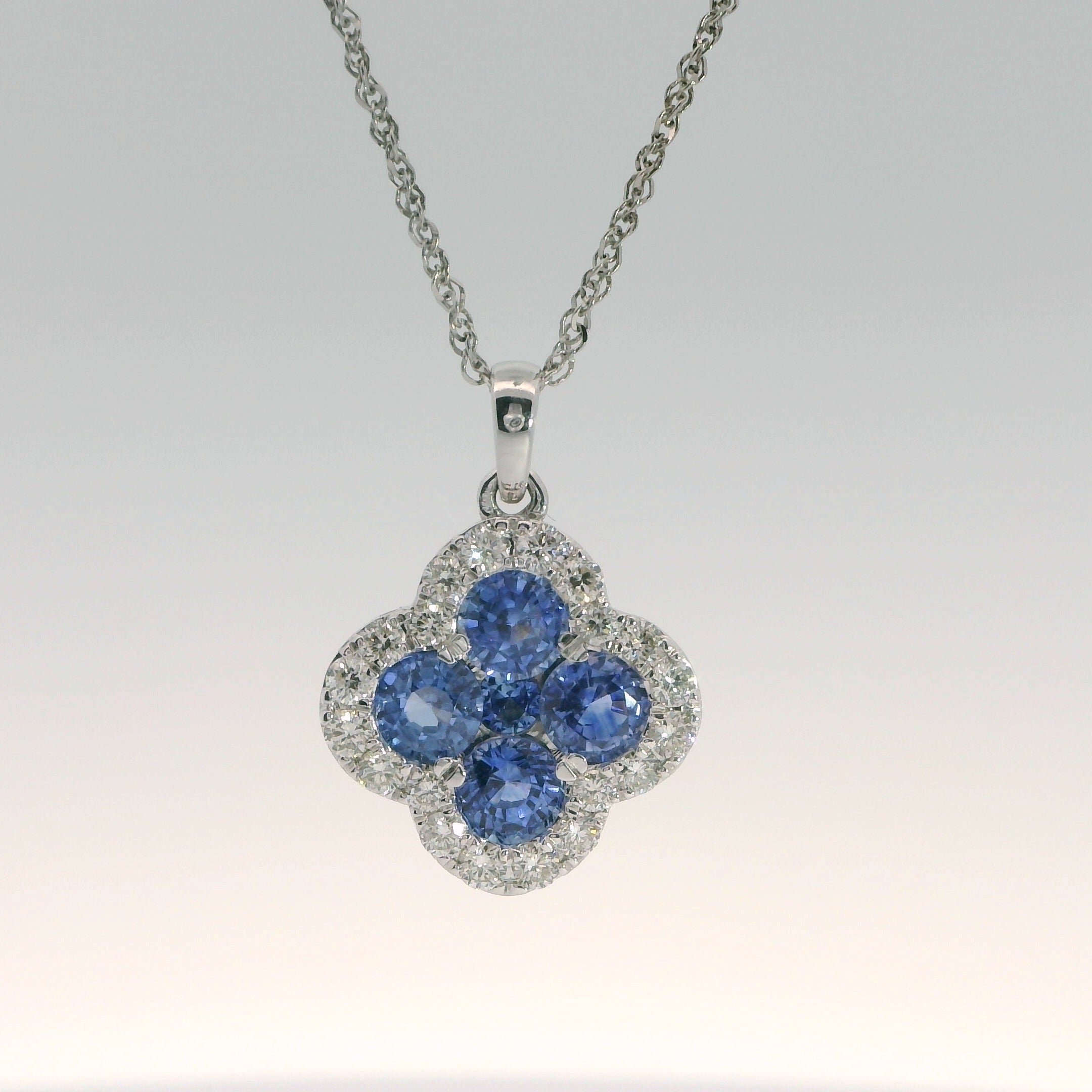 14K White Gold Sapphire Clover Necklace