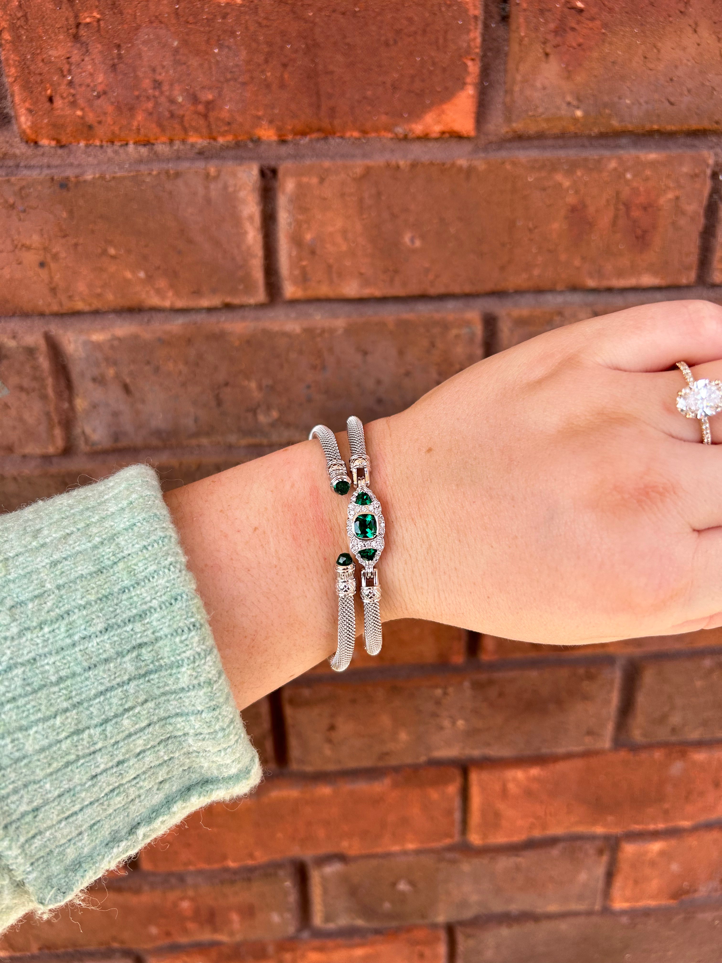 Sterling Silver Emerald Diamond Mesh Cuff