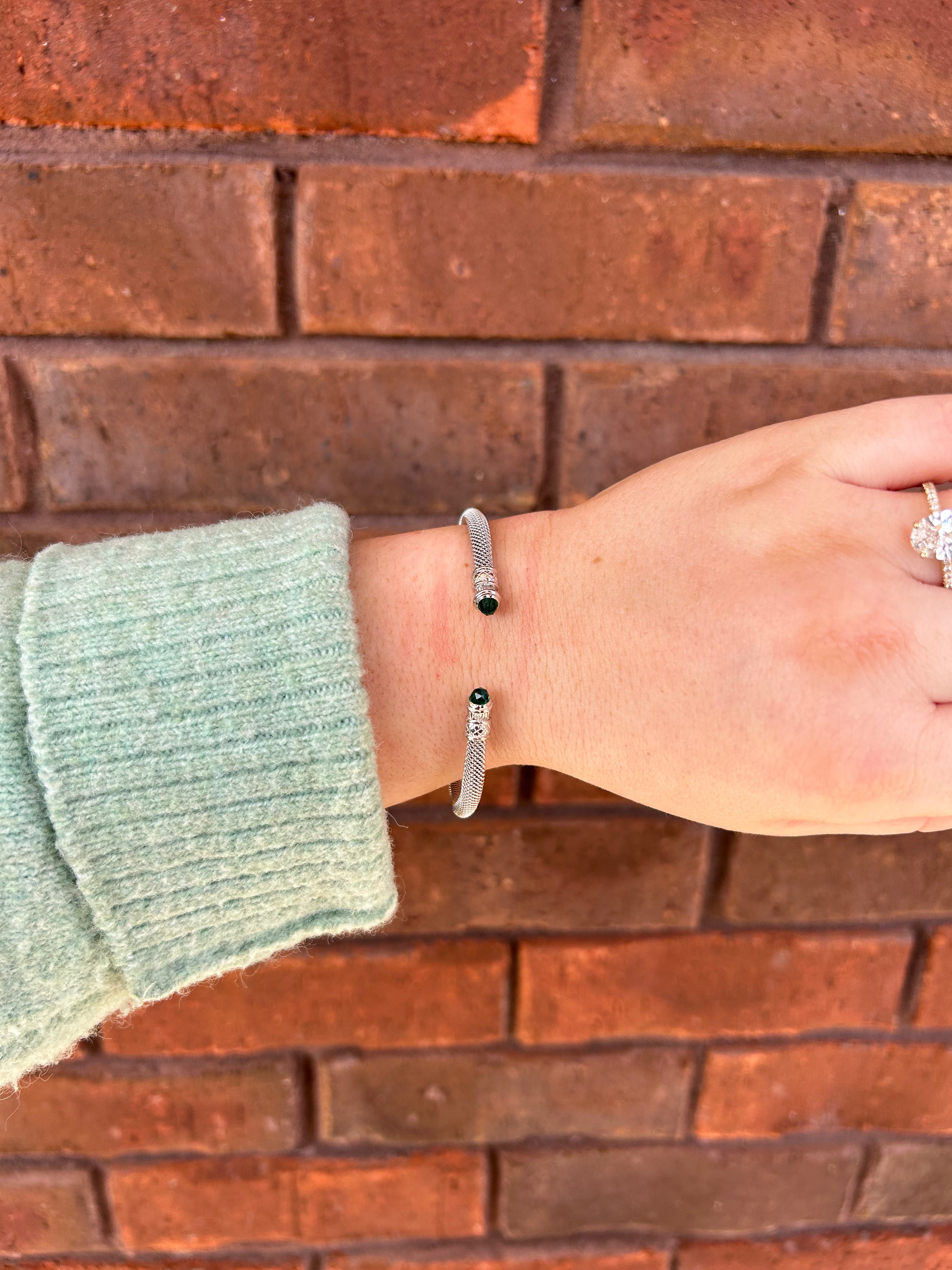 Sterling Silver Emerald Diamond Mesh Cuff